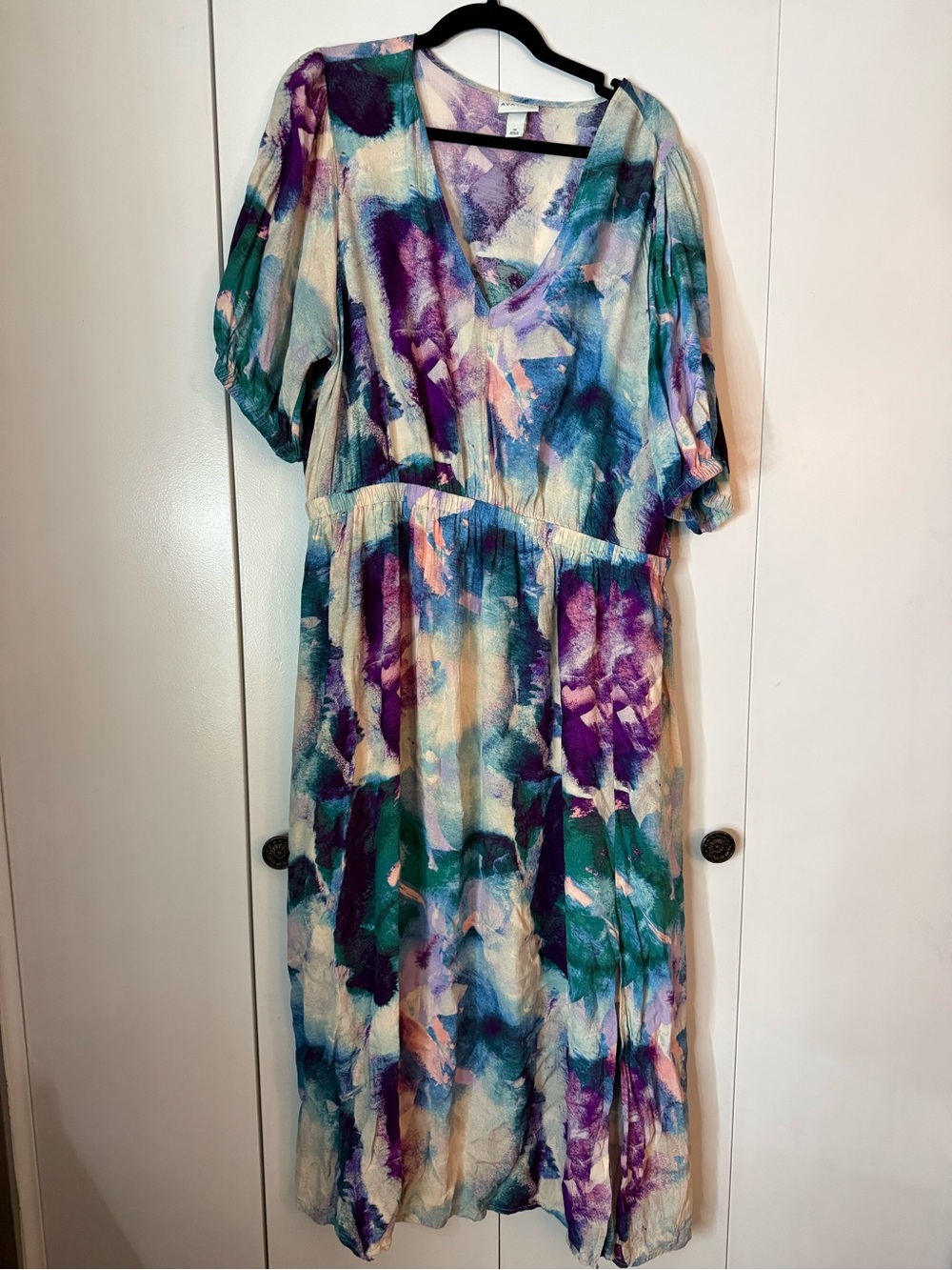 Vibrant Watercolor Midi Dress in Teal, Purple & Cream